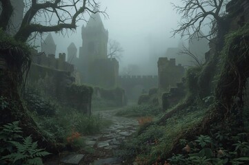 A misty, abandoned castle stands shrouded in fog, surrounded by overgrown vegetation and twisted, leafless trees. The stone pathway leading to the entrance is cracked and weathered, adding to the eeri