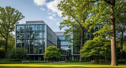 Obraz premium A Modern Glass Building Surrounded by Lush Green Trees in a Sunlit Park, Showcasing Contemporary Architecture in a Natural Setting
