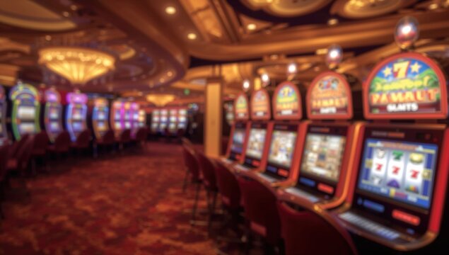 Blurred casino slot machines shining brightly in a vibrant gambling venue.