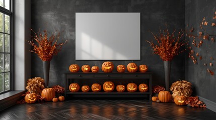 Mock up frame on the wall in a modern luxury minimalist living room with halloween decorations. Generative AI