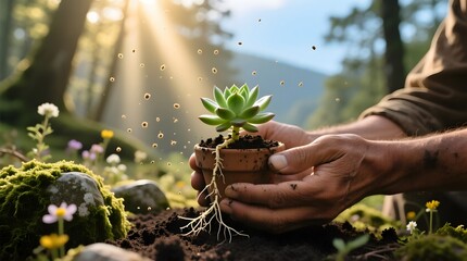 Hands Planting Succulent in Soil Under Sunlight in Forest Setting