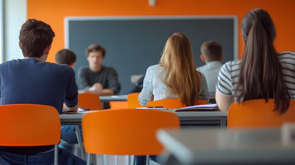Students collaborating on a group project in class.