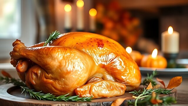Roasted golden brown turkey on a rustic table with autumn garnishes.