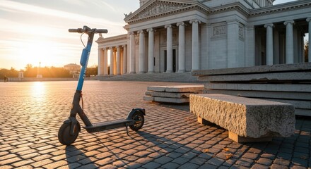 Electric scooter parked on cobblestone square in front of neoclassical building bathed in warm morning light
