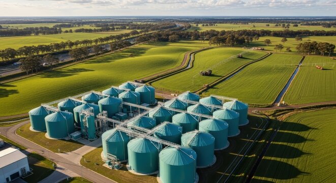 Large agricultural silos stand among vibrant green fields and farming operations on a bright sunny day, seen from an aerial view