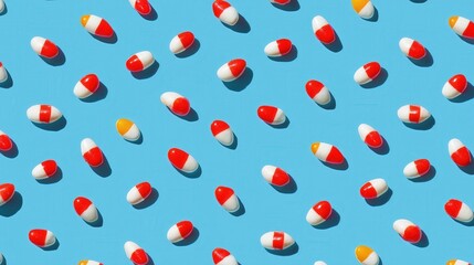Vivid and Colorful Capsules Displayed on a Soft Blue Background Creating a Stunning Visual