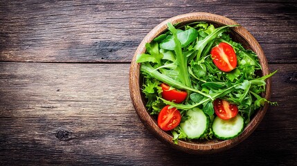 chopped. Vibrant salad bowl with fresh greens, cherry tomatoes, and cucumber slices arranged on a rustic wooden table. menu design.