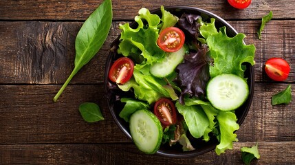 chopped. Vibrant salad bowl with fresh greens, cherry tomatoes, and cucumber slices arranged on a rustic wooden table. menu design.