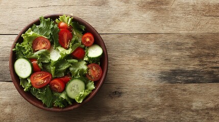 chopped. Vibrant salad bowl with fresh greens, cherry tomatoes, and cucumber slices arranged on a rustic wooden table. menu design.
