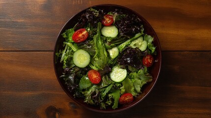 chopped. Vibrant salad bowl with fresh greens, cherry tomatoes, and cucumber slices arranged on a rustic wooden table. menu design.
