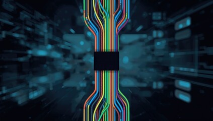 Colorful wiring bundle wrapped in black tape with abstract tech background