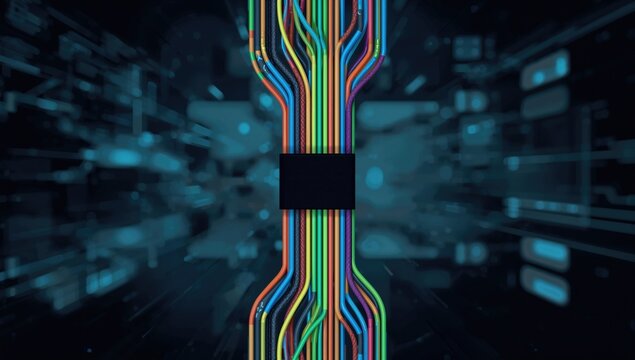 Colorful wiring bundle wrapped in black tape with abstract tech background
