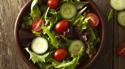 chopped. Vibrant salad bowl with fresh greens, cherry tomatoes, and cucumber slices arranged on a rustic wooden table. menu design.