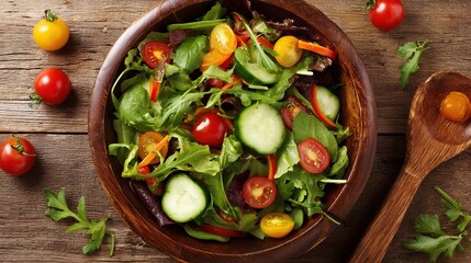 chopped. Vibrant salad bowl with fresh greens, cherry tomatoes, and cucumber slices arranged on a rustic wooden table. menu design.