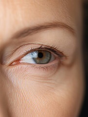 Obraz premium Close-up on human eye with visible skin texture. Details of iris, eyelashes, and wrinkles are prominent. Health and aging concept. Detailed.