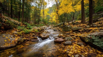 Serene Autumn Landscape with Flowing Stream, Colorful Foliage, and Tranquil Forest Setting in Vibrant Fall Colors Illuminated by Soft Natural Light