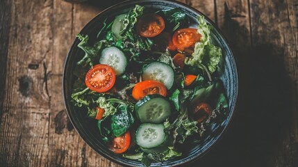 chopped. Vibrant salad bowl with fresh greens, cherry tomatoes, and cucumber slices arranged on a rustic wooden table. menu design.