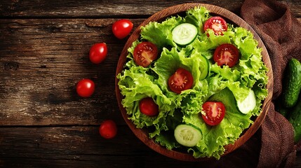 chopped. Vibrant salad bowl with fresh greens, cherry tomatoes, and cucumber slices arranged on a rustic wooden table. menu design.