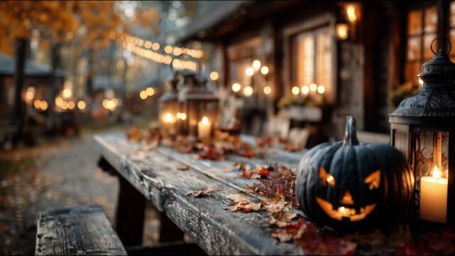 Autumn scene with black pumpkin and lanterns against the warm glow of a rustic house.
