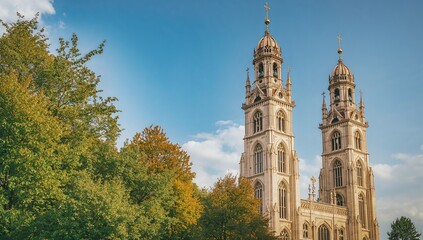 Neo-Gothic church towers and pointed spires against a bright sky with trees and architectural details