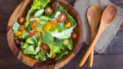 chopped. Vibrant salad bowl with fresh greens, cherry tomatoes, and cucumber slices arranged on a rustic wooden table. menu design.