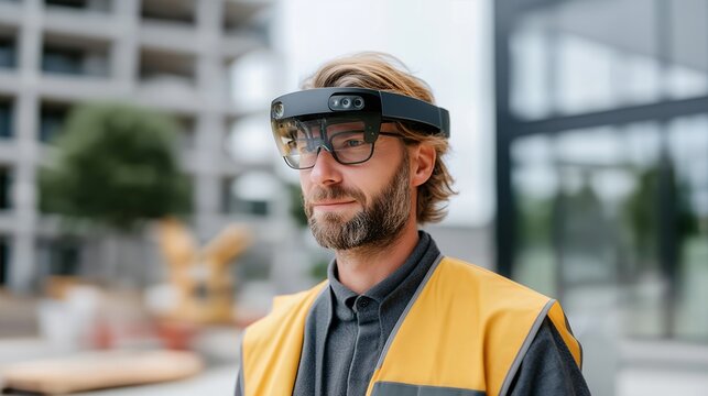 Construction manager wearing AR glasses connected to AI assistant for on-site supervision, symbolizing safety monitoring, project accuracy, and real-time data intelligence. cinematic color
