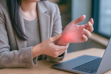 Woman Experiencing Wrist Pain While Using Laptop in Office Setting