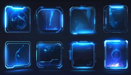 Futuristic blue digital interface elements. High-tech glowing HUD components and abstract display panels for technology, virtual reality, and science fiction concepts