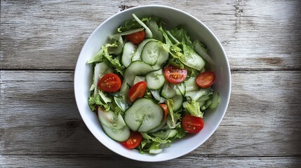 chopped. Vibrant salad bowl with fresh greens, cherry tomatoes, and cucumber slices arranged on a rustic wooden table. menu design.