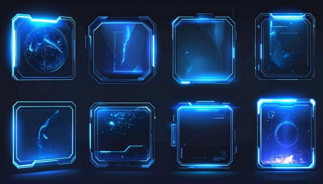 Futuristic blue digital interface elements. High-tech glowing HUD components and abstract display panels for technology, virtual reality, and science fiction concepts - Powered by Adobe