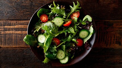 chopped. Vibrant salad bowl with fresh greens, cherry tomatoes, and cucumber slices arranged on a rustic wooden table. menu design.