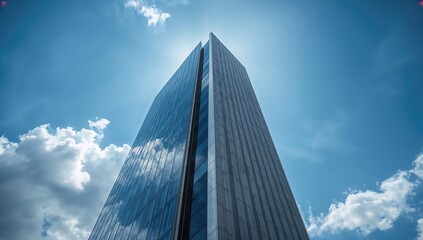 Fototapeta premium Abstract high-rise structure with blue glass windows and white lines against the sky