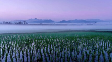 Misty Rice Fields at Dawn with Mountains in the Background and Soft Pastel Sky Overhead, Evoking a Tranquil and Serene Atmosphere in Nature
