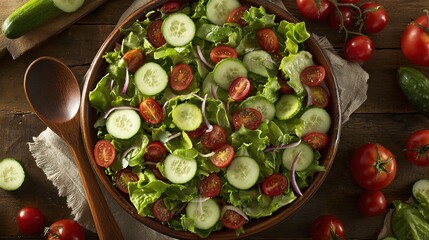 chopped. Vibrant salad bowl with fresh greens, cherry tomatoes, and cucumber slices arranged on a rustic wooden table. menu design.