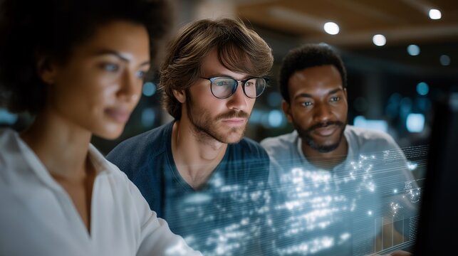 Team of professionals using interactive holograms of quantum circuits in high-tech office, symbolizing innovation, advanced research, and powerful computing beyond classical systems. cinematic