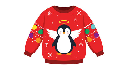 A cute red Christmas sweater with a playful penguin design wearing a halo and angelic wings complete with colorful Christmas lights and snowflakes.