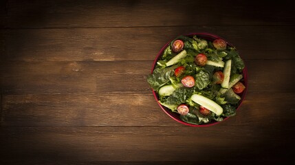 chopped. Vibrant salad bowl with fresh greens, cherry tomatoes, and cucumber slices arranged on a rustic wooden table. menu design.