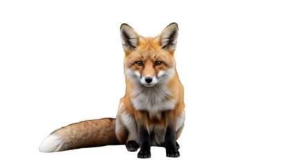 A red fox sits alertly on a light green background, looking forward with focused, intense eyes.