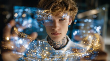 Augmented reality hacker surrounded by holographic data streams, neon tattoos pulsating with code patterns, symbolizing artificial intelligence, digital underground culture, and futuristic cyber