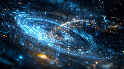 A concept of science and research featuring a spiral galaxy and physics formulas, representing knowledge and education.