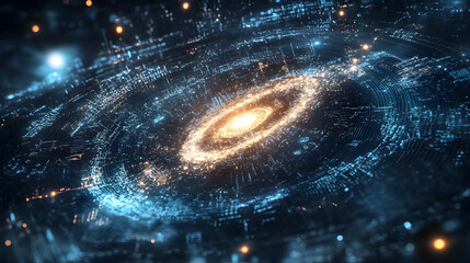 A concept of science and research featuring a spiral galaxy and physics formulas, representing knowledge and education.