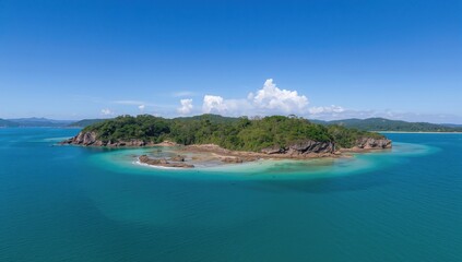 Fototapeta premium Aerial view of a seaside scenery captured by a drone over a large island.