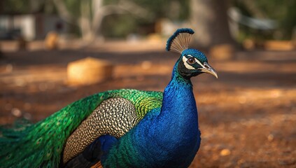 Obraz premium Close-up of a peacock near a campsite in a rural area