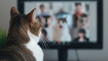 Rear view of a cat engaging in a video chat with feline companions.