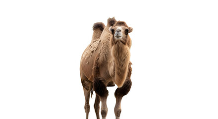 A stately Bactrian camel stands squarely in front of a muted green backdrop in this studio portrait.