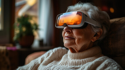 an elderly woman using smart AR glasses to monitor her health at home, warm cozy lighting