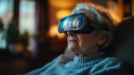 an elderly woman using smart AR glasses to monitor her health at home, warm cozy lighting