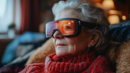 an elderly woman using smart AR glasses to monitor her health at home, warm cozy lighting