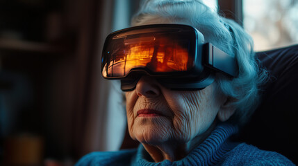 an elderly woman using smart AR glasses to monitor her health at home, warm cozy lighting