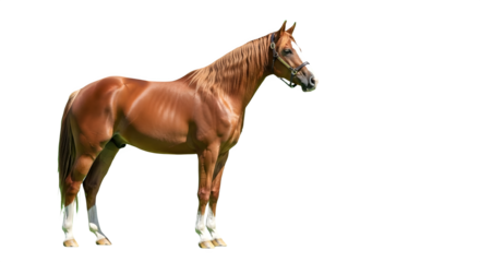 A stunning sorrel horse stands gracefully against a solid green backdrop in a full body portrait